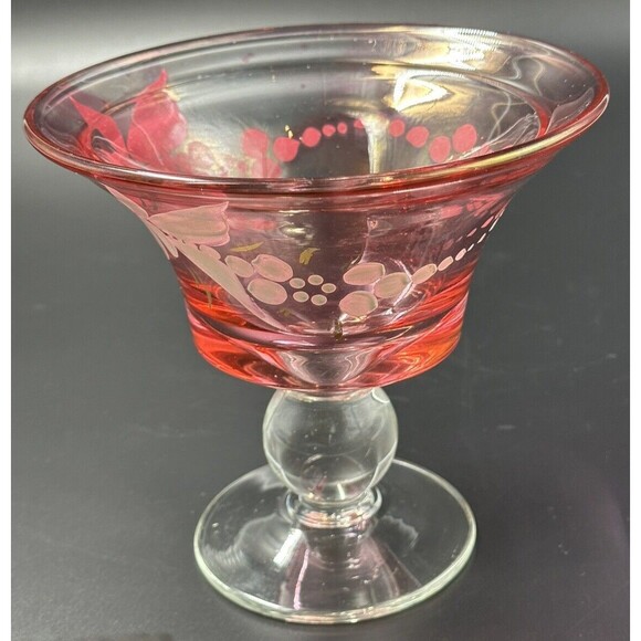 Hand Painted Design on Cranberry Glass Footed Bowl with Clear Glass Pedestal - Picture 2 of 8